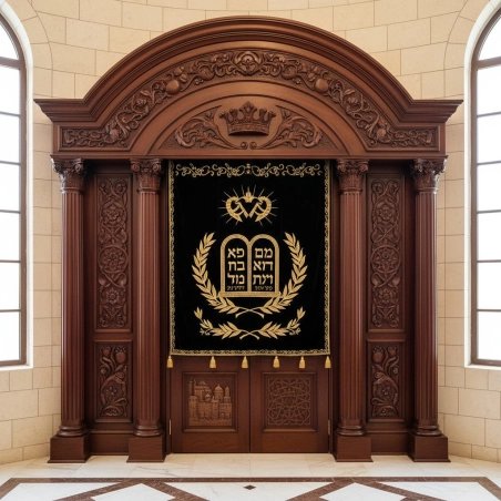 Grandeur Carved Solid Wood Aron Kodesh Synagogue Ark with Embroidered Velvet Parochet - Premium Manufacturer Craftsmanship