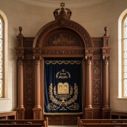 Exquisite Hand-Carved Aron Kodesh Holy Ark, Premium Synagogue Furniture by Expert Manufacturer, Dark Wood & Gold Embroidery