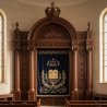 Exquisite Hand-Carved Aron Kodesh Holy Ark, Premium Synagogue Furniture by Expert Manufacturer, Dark Wood & Gold Embroidery