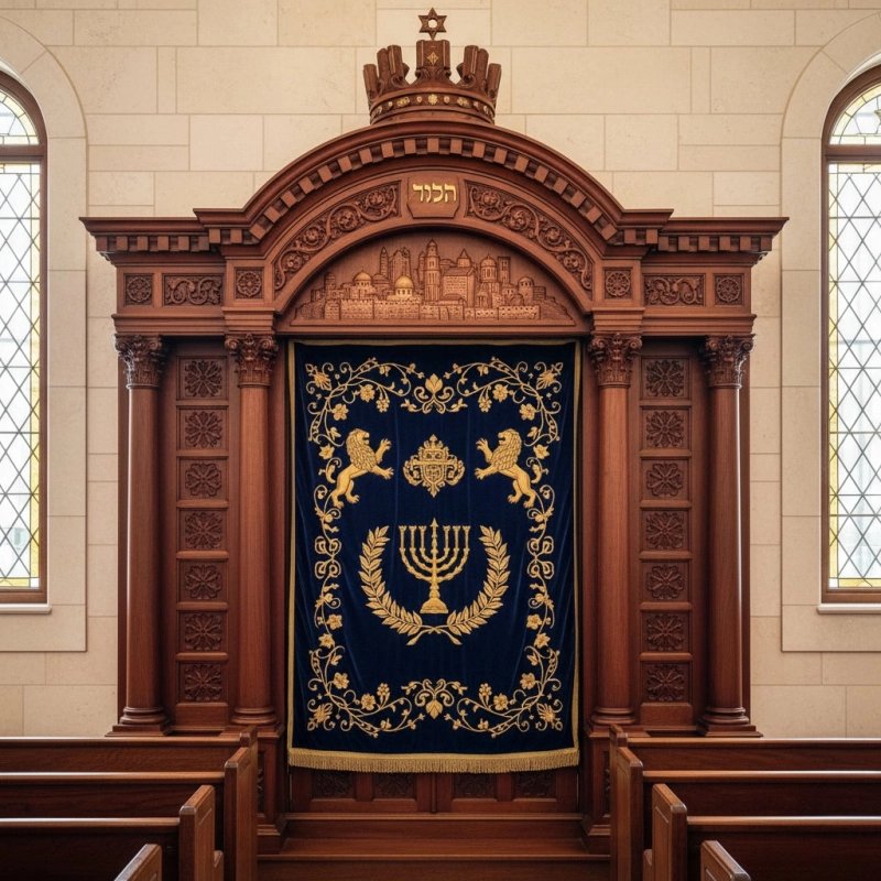 Exquisite Handcrafted Aron Kodesh Holy Ark, Premium Synagogue Furniture by Leading Manufacturer, Ornate Wood & Velvet Design Exquisite Handcrafted Aron Kodesh Holy Ark, Premium Synagogue Furniture by Leading Manufacturer, Ornate Wood & Velvet Design
