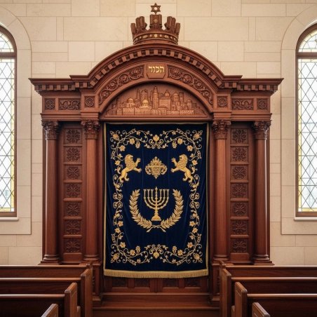 Exquisite Handcrafted Aron Kodesh Holy Ark, Premium Synagogue Furniture by Leading Manufacturer, Ornate Wood & Velvet Design