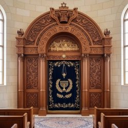 Custom Handcrafted Aron Kodesh Synagogue Holy Ark Furniture Premium Wood Carving & Velvet Parochet Manufacturer Quality