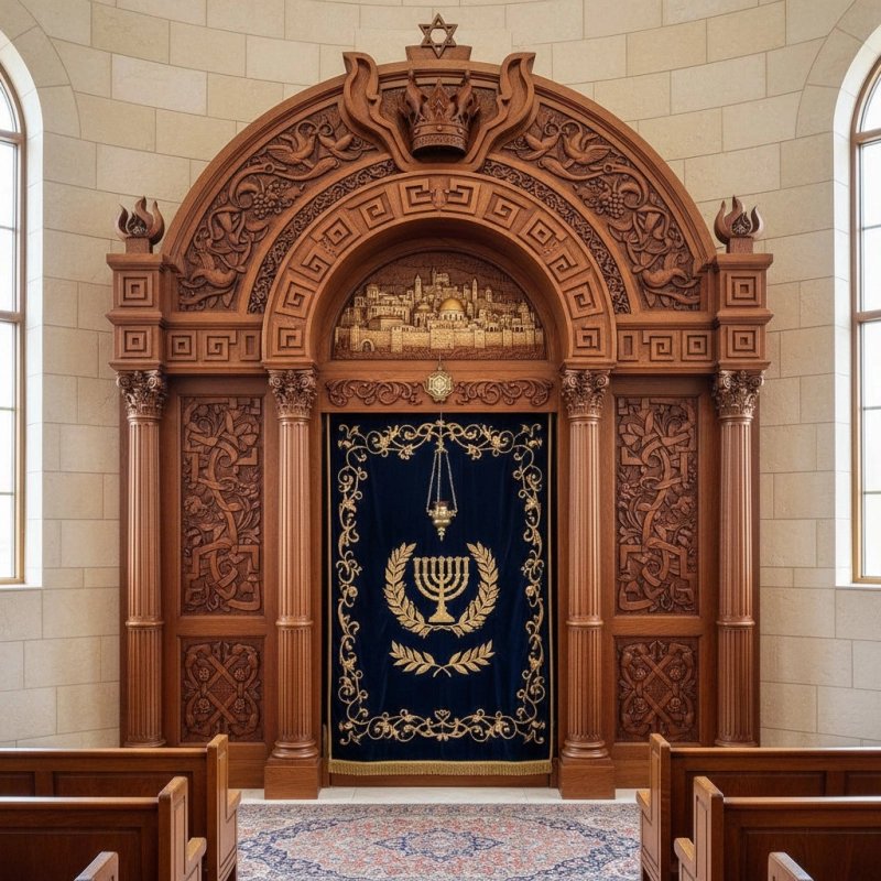 Custom Handcrafted Aron Kodesh Synagogue Holy Ark Furniture Premium Wood Carving & Velvet Parochet Manufacturer Quality Custom Handcrafted Aron Kodesh Synagogue Holy Ark Furniture Premium Wood Carving & Velvet Parochet Manufacturer Quality