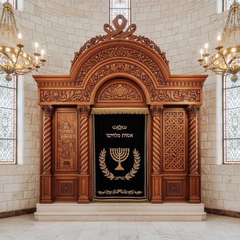 Ornate Hand-Carved Aron Kodesh, Premium Synagogue Holy Ark, Expertly Crafted Solid Wood Jewish Furniture by Renowned Artisans Ornate Hand-Carved Aron Kodesh, Premium Synagogue Holy Ark, Expertly Crafted Solid Wood Jewish Furniture by Renowned Artisans