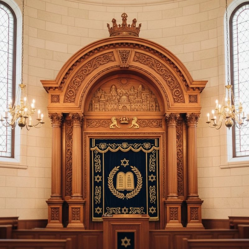 Hand-Carved Wooden Aron Kodesh Holy Ark, Premium Synagogue Furniture by Expert Manufacturers for Sacred Liturgical Spaces