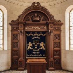 Mastercrafted Aron Kodesh by [Manufacturer Name] - Ornate Solid Hardwood Synagogue Ark with Velvet & Gold Embellishments