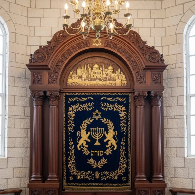 Premier Manufacturer Handcrafted Aron Kodesh - Ornate Solid Hardwood Synagogue Ark with Jerusalem Relief, Torah Embroidery Premier Manufacturer Handcrafted Aron Kodesh - Ornate Solid Hardwood Synagogue Ark with Jerusalem Relief, Torah Embroidery