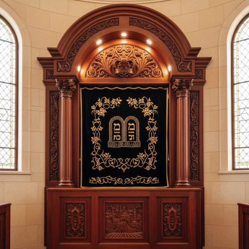 Exquisite Aron Kodesh by Premier Furniture Manufacturer, Mastercrafted Synagogue Ark, Ornate Hardwood Design, Superior Quality