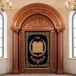 Luxury Handcrafted Aron Kodesh Premium Hardwood Synagogue Torah Ark Ornate Sanctuary Furniture with Embroidered Velvet Parochet