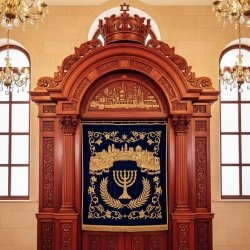 Artisan Crafted Aron Kodesh, Premium Synagogue Ark by Hardwood Furniture Manufacturer, Jerusalem Carvings & Velvet Parochet