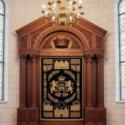 Premier Handcrafted Wooden Aron Kodesh - Ornate Synagogue Holy Ark with Gold Embroidered Parochet, Expertly Manufactured