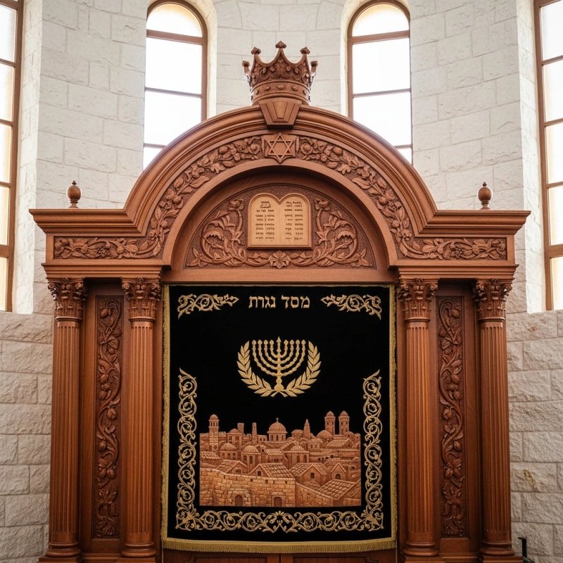 Exquisite Hand-Carved Wooden Aron Kodesh with Crown and Jerusalem Motif by Elite Synagogue Furniture Manufacturers Exquisite Hand-Carved Wooden Aron Kodesh with Crown and Jerusalem Motif by Elite Synagogue Furniture Manufacturers