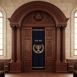 Aron Kodesh Synagogue Ark - Premier Manufacturer's Hand-Carved Solid Wood, Ornate Traditional Design, Velvet Parochet.