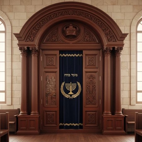 Aron Kodesh Synagogue Ark - Premier Manufacturer's Hand-Carved Solid Wood, Ornate Traditional Design, Velvet Parochet.