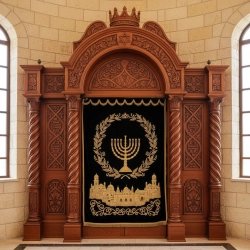 Artisan Crafted Aron Kodesh Synagogue Ark Furniture Premium Hand-Carved Wood & Embroidered Curtain for Sacred Spaces