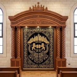 Expertly Crafted Wood Aron Kodesh - Ornate Holy Ark with Gold Embroidered Fabric for Synagogue Interiors