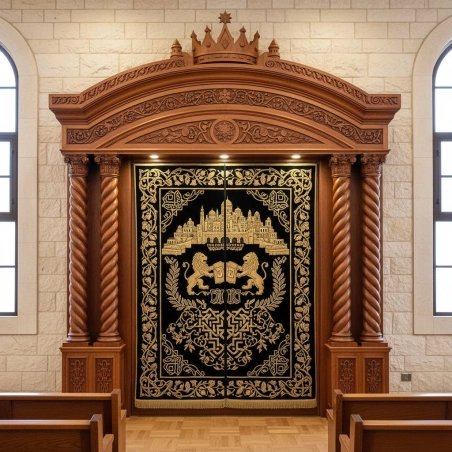 Expertly Crafted Wood Aron Kodesh - Ornate Holy Ark with Gold Embroidered Fabric for Synagogue Interiors