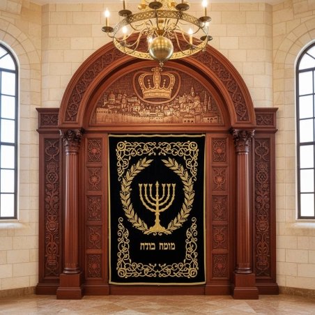 Exquisite Handcrafted Aron Kodesh - Synagogue Holy Ark by Premium Manufacturer, Carved Wood & Gold Embroidery.