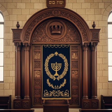 Exquisite Hand-Carved Aron Kodesh, Traditional Synagogue Holy Ark, Velvet Menorah Curtain, Premium Furniture Supplier