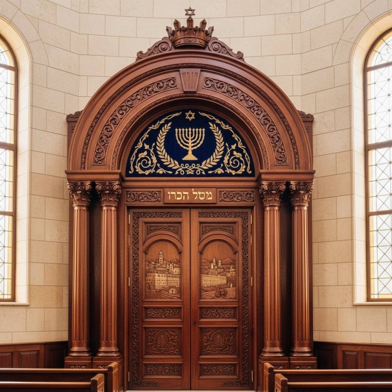 Masterfully Handcrafted Aron Kodesh Synagogue Ark Premium Hardwood Carvings & Velvet Accents by Expert Furniture Manufacturers Masterfully Handcrafted Aron Kodesh Synagogue Ark Premium Hardwood Carvings & Velvet Accents by Expert Furniture Manufacturers