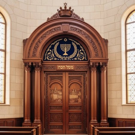 Masterfully Handcrafted Aron Kodesh Synagogue Ark Premium Hardwood Carvings & Velvet Accents by Expert Furniture Manufacturers