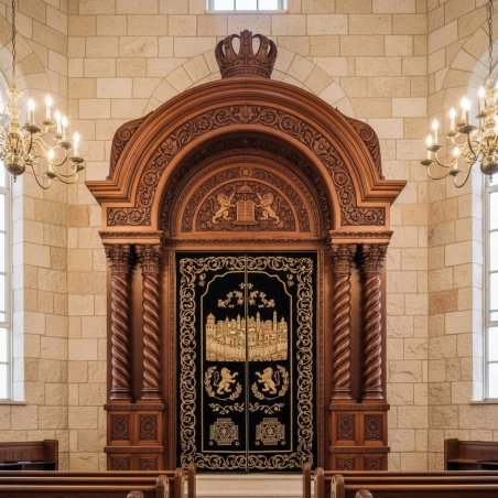 Artisan Crafted Aron Kodesh with Ornate Solid Wood Carvings and Regal Crown Premium Synagogue Furniture Manufacturer