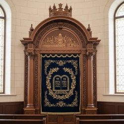 Mastercrafted Ornate Aron Kodesh Synagogue Furniture with Hand-Carved Wood and Deep Blue Velvet Curtain by Premier Manufacturer