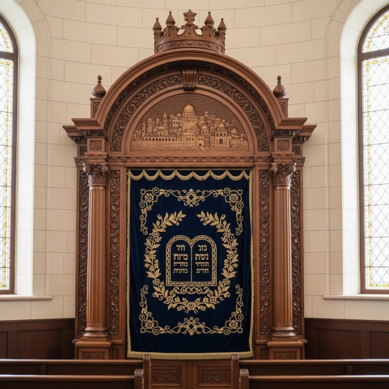 Mastercrafted Ornate Aron Kodesh Synagogue Furniture with Hand-Carved Wood and Deep Blue Velvet Curtain by Premier Manufacturer Mastercrafted Ornate Aron Kodesh Synagogue Furniture with Hand-Carved Wood and Deep Blue Velvet Curtain by Premier Manufacturer