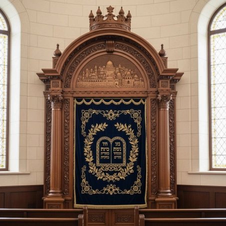 Mastercrafted Ornate Aron Kodesh Synagogue Furniture with Hand-Carved Wood and Deep Blue Velvet Curtain by Premier Manufacturer