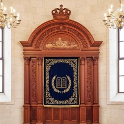 Premium Aron Kodesh Holy Ark, Handcrafted Carved Wood, Jerusalem Motif, Embroidered Velvet - Top Furniture Manufacturer
