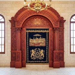 Masterfully crafted Aron Kodesh with Jerusalem embroidery for synagogues | Premium quality synagogue furniture manufacturer.