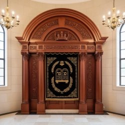 Elegant Hand-Carved Hardwood Aron Kodesh with Embroidered Velvet Parochet - Synagogue Furniture by Leading Manufacturer