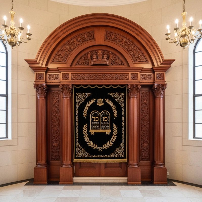 Elegant Hand-Carved Hardwood Aron Kodesh with Embroidered Velvet Parochet - Synagogue Furniture by Leading Manufacturer Elegant Hand-Carved Hardwood Aron Kodesh with Embroidered Velvet Parochet - Synagogue Furniture by Leading Manufacturer