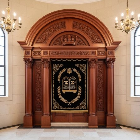 Elegant Hand-Carved Hardwood Aron Kodesh with Embroidered Velvet Parochet - Synagogue Furniture by Leading Manufacturer