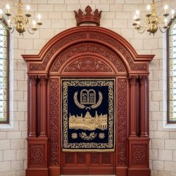 Ornate Aron Kodesh: Hand-Carved Wood Synagogue Ark by Premium Furniture Manufacturer for Sacred Spaces.
