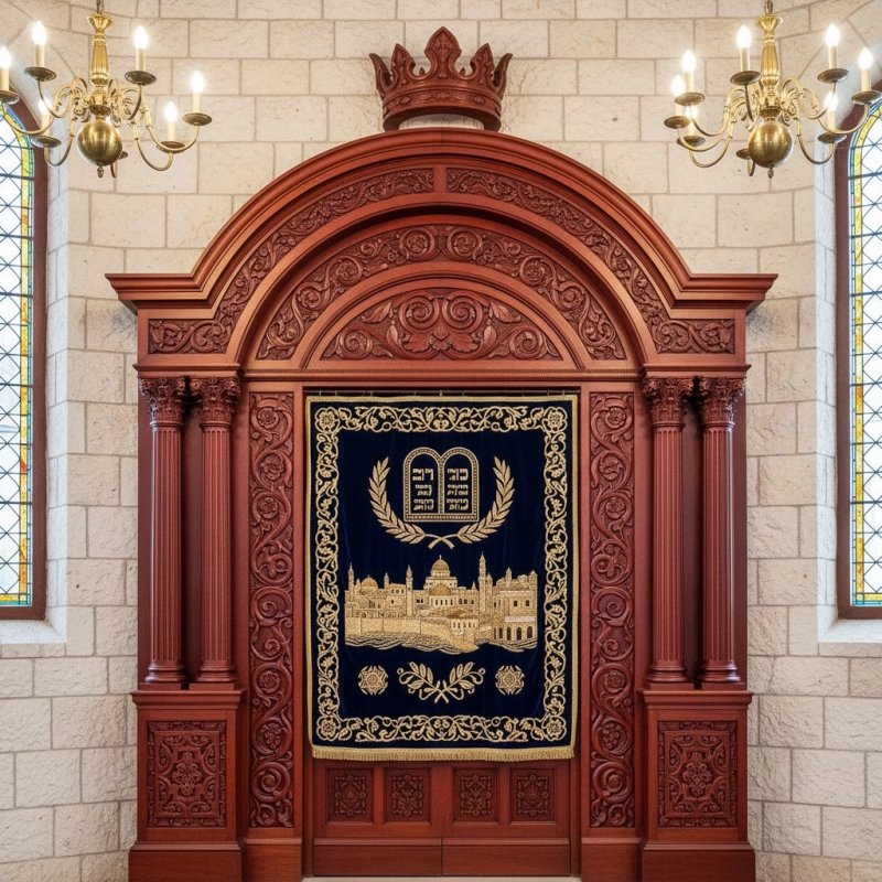 Ornate Aron Kodesh: Hand-Carved Wood Synagogue Ark by Premium Furniture Manufacturer for Sacred Spaces.