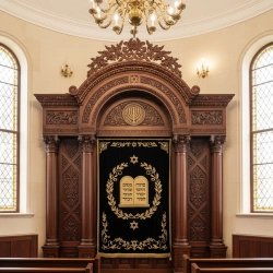 Premier Hand-Carved Aron Kodesh: Solid Hardwood Synagogue Ark with Elegant Gold & Black Embroidery, Expertly Manufactured.