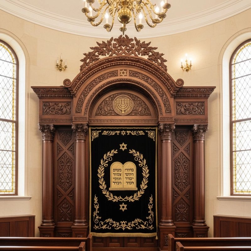 Premier Hand-Carved Aron Kodesh: Solid Hardwood Synagogue Ark with Elegant Gold & Black Embroidery, Expertly Manufactured. Premier Hand-Carved Aron Kodesh: Solid Hardwood Synagogue Ark with Elegant Gold & Black Embroidery, Expertly Manufactured.