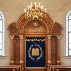 Exquisite Aron Kodesh: Hand-carved wood and royal blue velvet, a masterpiece of synagogue furniture manufacturing.