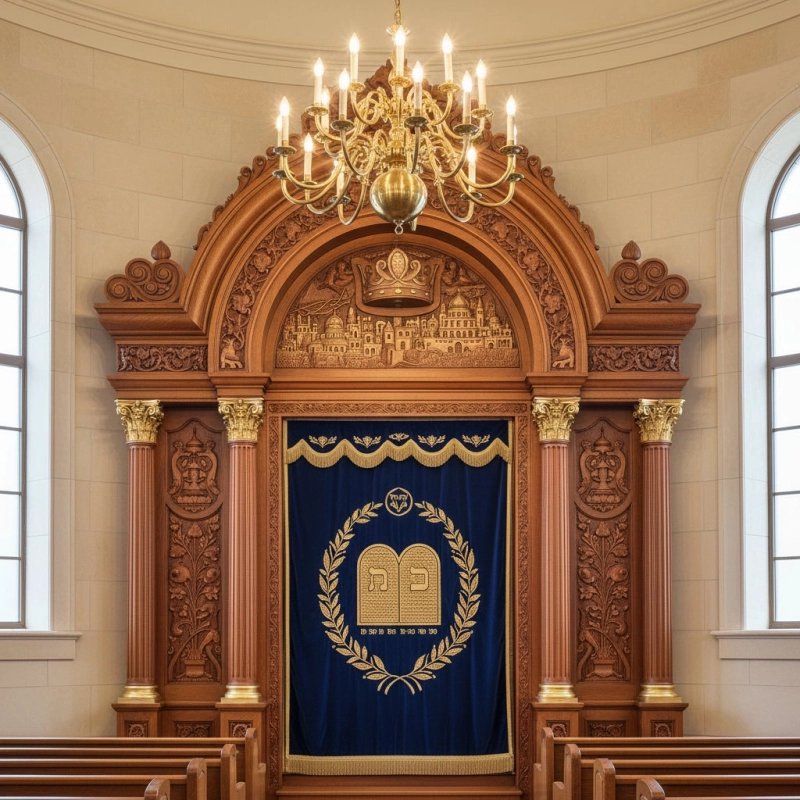 Exquisite Aron Kodesh: Hand-carved wood and royal blue velvet, a masterpiece of synagogue furniture manufacturing. Exquisite Aron Kodesh: Hand-carved wood and royal blue velvet, a masterpiece of synagogue furniture manufacturing.