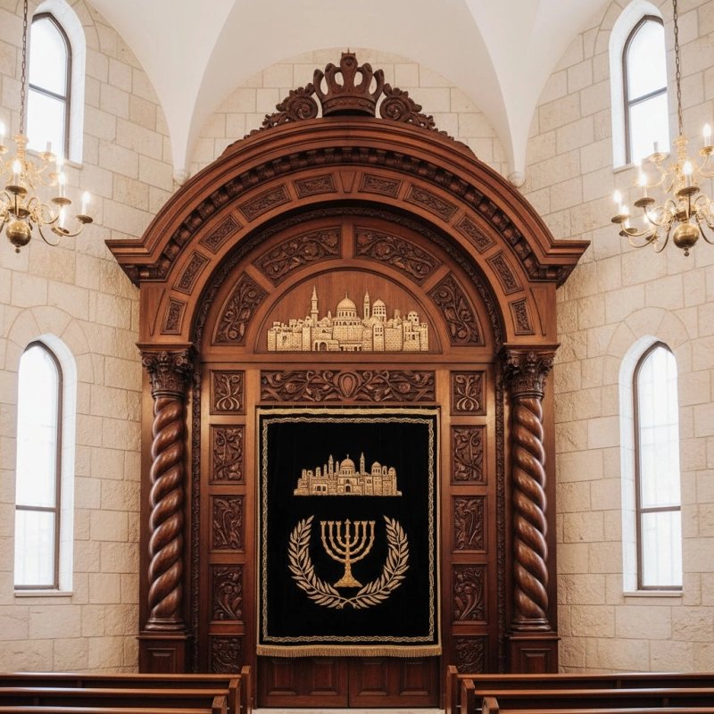 Premium handcrafted Aron Kodesh, masterfully carved wood synagogue furniture with gold velvet parochet.