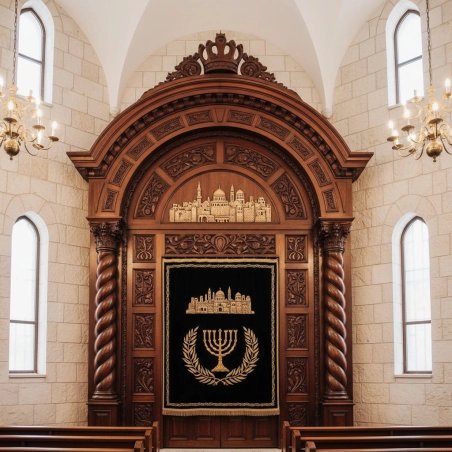 Premium handcrafted Aron Kodesh, masterfully carved wood synagogue furniture with gold velvet parochet.