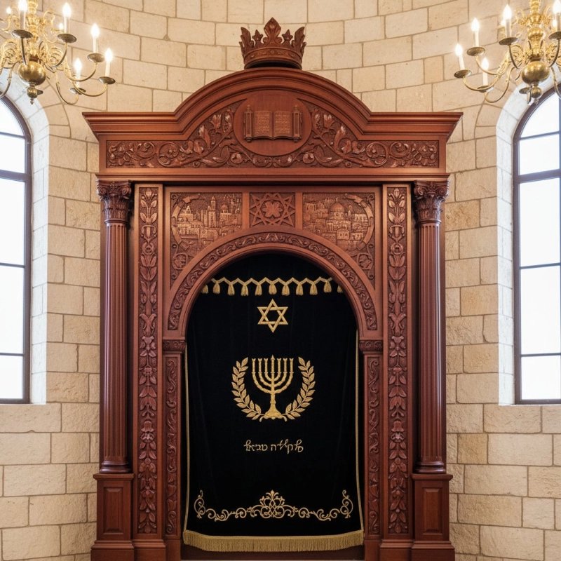Premium handcrafted Aron Kodesh: Timeless synagogue furniture with expert carving and rich gold embroidery for sacred spaces. Premium handcrafted Aron Kodesh: Timeless synagogue furniture with expert carving and rich gold embroidery for sacred spaces.