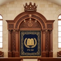 Premium Hand-Carved Aron Kodesh with Jerusalem Motif and Embroidered Parochet for Synagogues.