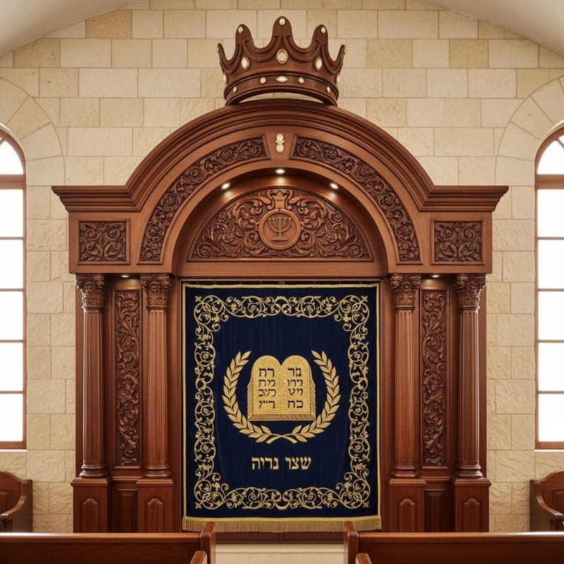 Premium Hand-Carved Aron Kodesh with Jerusalem Motif and Embroidered Parochet for Synagogues. Premium Hand-Carved Aron Kodesh with Jerusalem Motif and Embroidered Parochet for Synagogues.