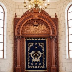Premium Aron Kodesh: Expertly carved wooden Holy Ark with velvet parochet, a masterpiece of synagogue furniture.