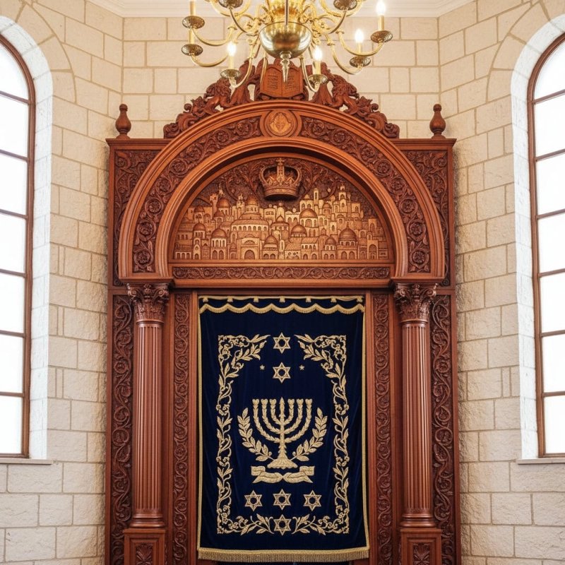 Premium Aron Kodesh: Expertly carved wooden Holy Ark with velvet parochet, a masterpiece of synagogue furniture. Premium Aron Kodesh: Expertly carved wooden Holy Ark with velvet parochet, a masterpiece of synagogue furniture.
