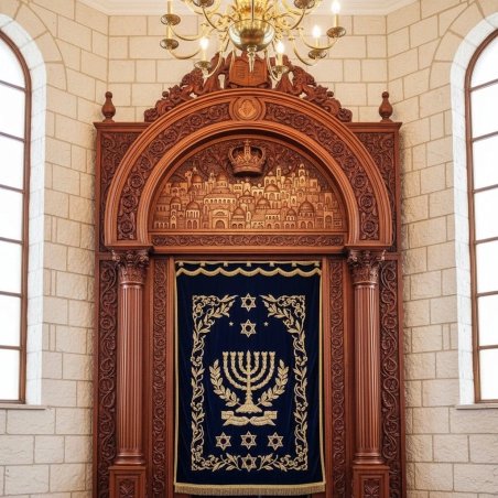 Premium Aron Kodesh: Expertly carved wooden Holy Ark with velvet parochet, a masterpiece of synagogue furniture.