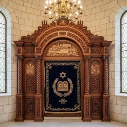 Premium Hand-Carved Aron Kodesh with Gold Embroidered Parochet for Synagogues | Crafted by Leading Furniture Manufacturer.