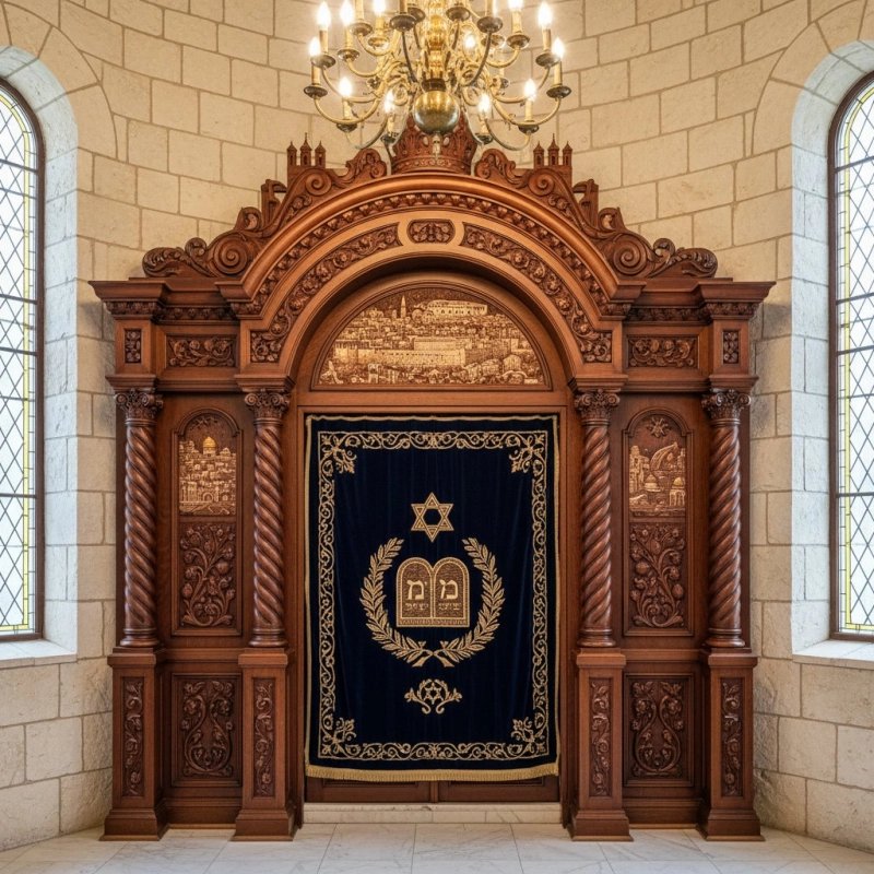 Premium Hand-Carved Aron Kodesh with Gold Embroidered Parochet for Synagogues | Crafted by Leading Furniture Manufacturer. Premium Hand-Carved Aron Kodesh with Gold Embroidered Parochet for Synagogues | Crafted by Leading Furniture Manufacturer.